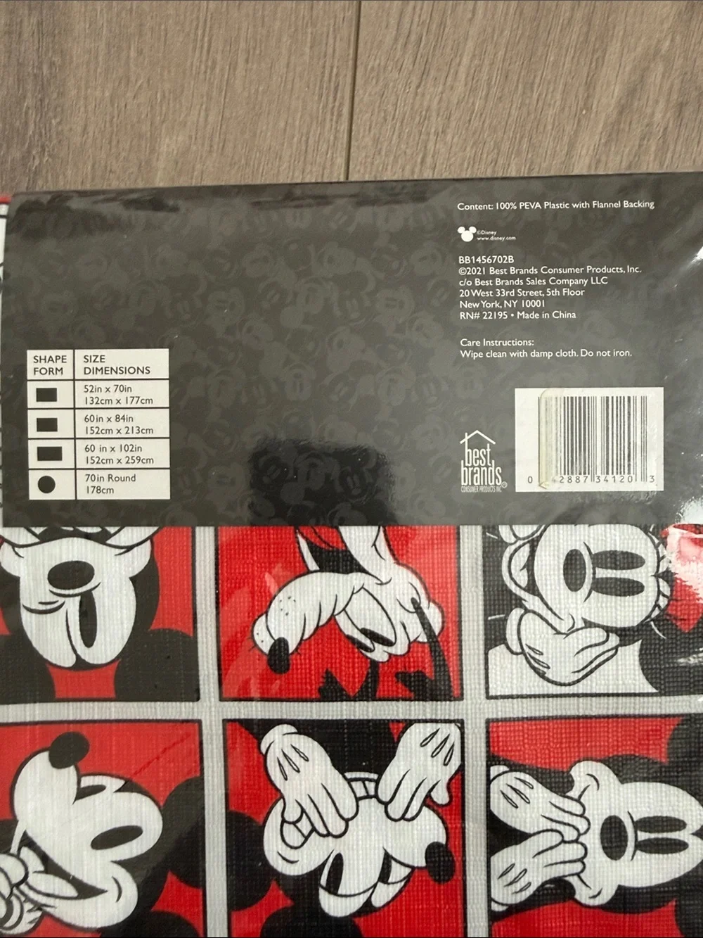 Disney Mickey Mouse Red Black White PEVA Flannelback Tablecloth